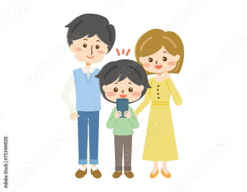 スマホを触る子どもを見守る親子のイラスト