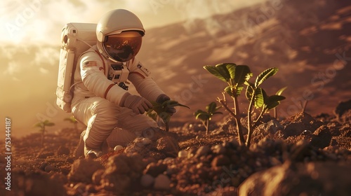 Astronaut Planting Seed on Mars, To showcase the hope and determination of humanity in exploring and colonizing other planets, and the important role photo