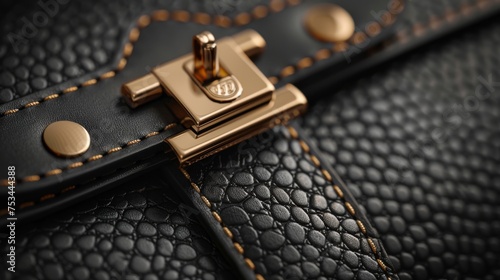 Black luxury leather purse close-up, emphasizing clean design and sophistication. Leather texture details.