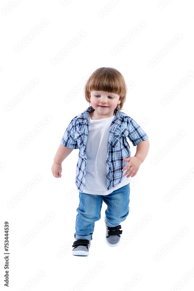Smiling little boy 2 years old runs. Child wearing a blue checkered shirt and a white T-shirt. Activity, energy and childlike spontaneity. Full height. Isolated on a white background. Vertical. Smiling little boy 2 years old runs. Child wearing a blue checkered shirt and a white T-shirt. Activity, energy and childlike spontaneity. Full height. Isolated on a white background. Vertical.