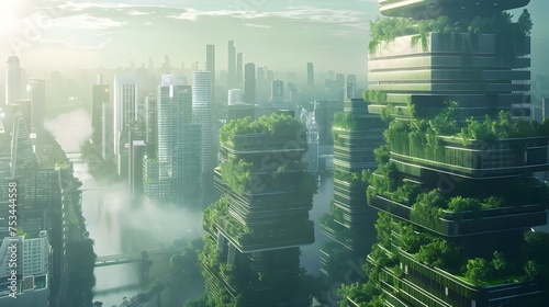 Futuristic Cityscape with Urban Greenery and River, To convey a message of sustainable urban living and the future of green cities #753444558