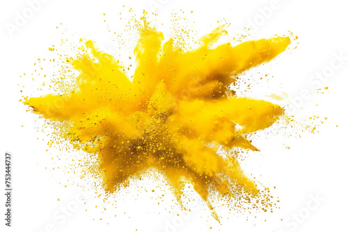 bright yellow paint color powder festival explosion burst isolated white background. industrial print concept background