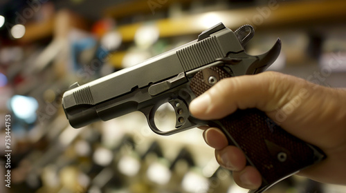 Hand holding a gun on a blurred background. A gun in hand. defense or attack murderer or armed robber, First person view of a pistol. photo