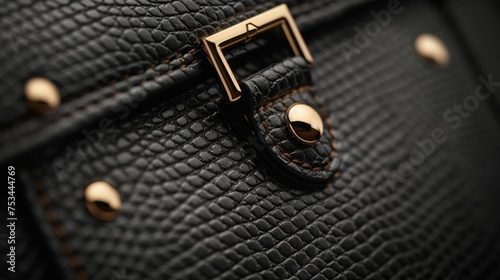 Black luxury leather purse close-up, emphasizing clean design and sophistication. Leather texture details.