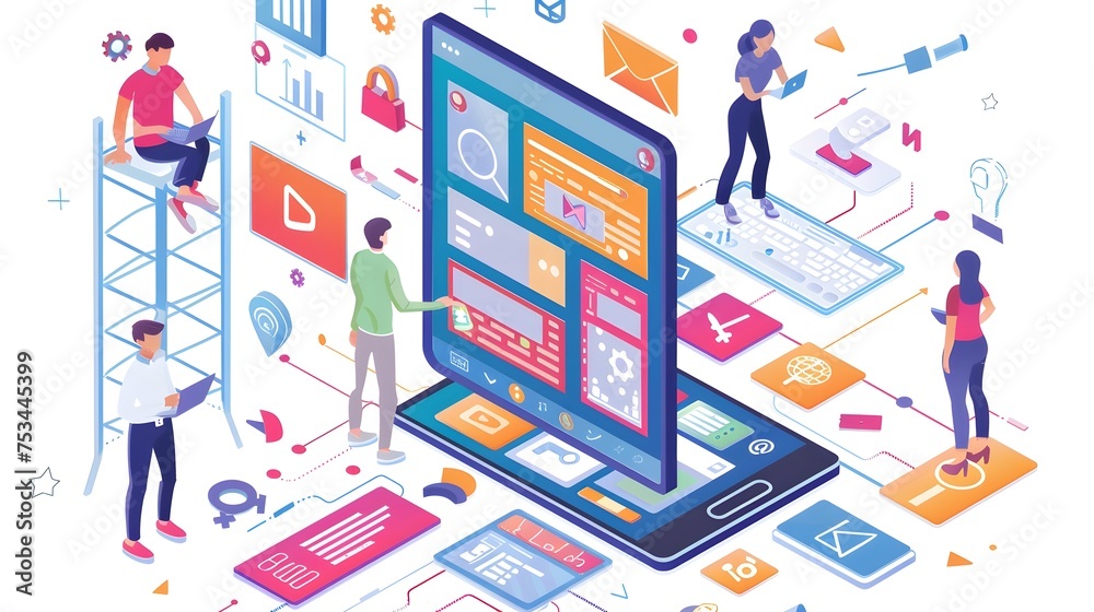 Obraz premium Isometric Illustration of Mobile App Development and Connectivity, To convey the concept of mobile app development, connectivity, and collaboration