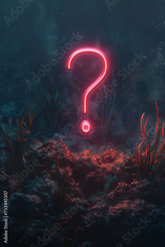 A giant question mark above the dark ocean