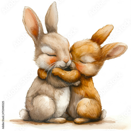 Cute watercolour drawing, bunnies hugging each other, cute character isolated on white background, concept of love and friendship