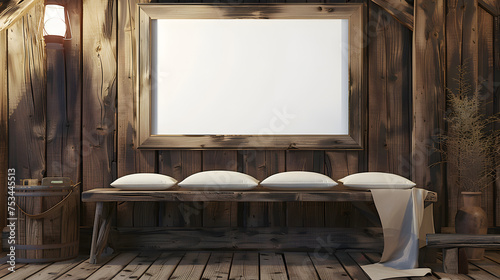 a large empty wooden picture frame in landscape position on a rustic wooden cabin wall. The empty picture frame is 4:3 ratio. The wooden cabin is modern and has dark, natural colours. photo