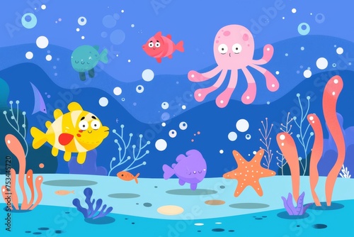 Underwater Scene With Octopus  Fish  and Starfish