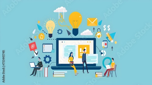 People Collaborating on Laptop in Flat Illustration Style, To convey the idea of modern technology and design in a business or study context, photo