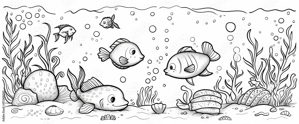 Fototapeta premium Pencil Drawing of Fish and Marine Life