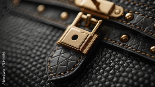 Black luxury leather purse close-up, emphasizing clean design and sophistication. Leather texture details.