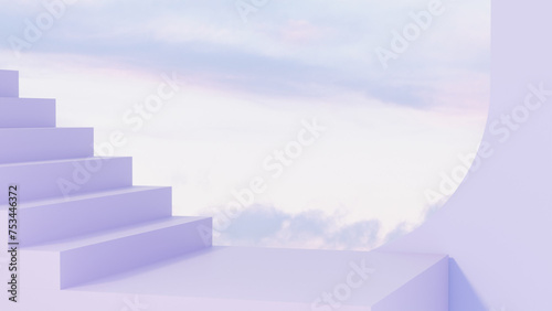 3D render of a purple podium for product presentation with a backdrop of the sky  