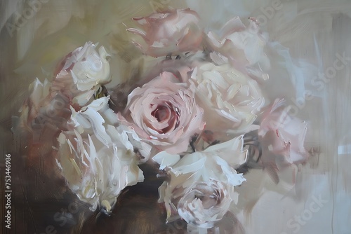 Pastel tone Pink and white roses painting, in classic vintage style