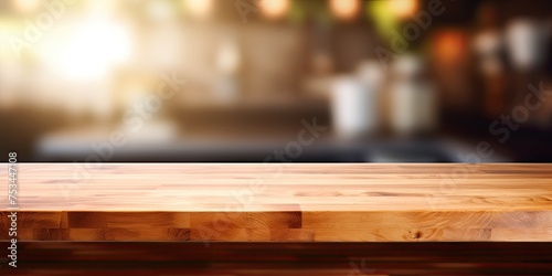 Wood table top on blurred kitchen background - ideal for showcasing or creating product or food montages.