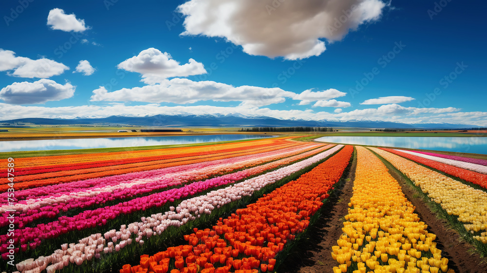 A ripe colorful tulip field in an agricultural landscape. A picturesque view of the field. Generative AI