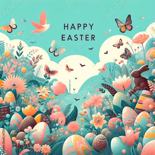 Happy easter card background with easter eggs, butterfly and spring flower background