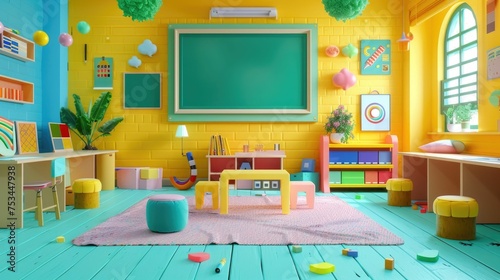 Empty classroom is now filled with bright, colorful blocks and paper pieces, playfully flying and covering the floor, creating a chaotic yet joyful scene for young childrens education