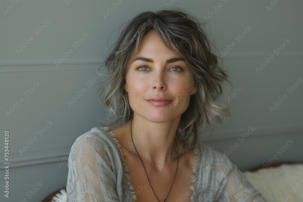A woman with long hair and a necklace is sitting on a bed A woman with long hair and a necklace is sitting on a bed
