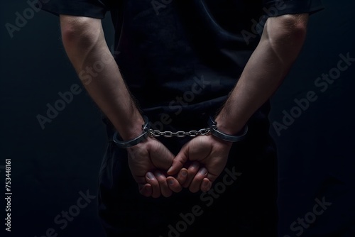 Close-up view of criminal hands locked in handcuffs.