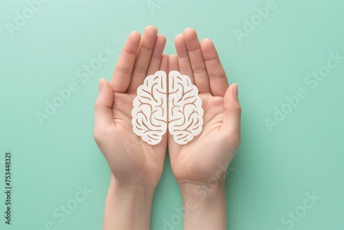 Hands holding a paper cut Brain against light green background