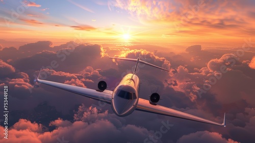 Airplane ,Jet Plane in the sky at sunset.luxury travel concept