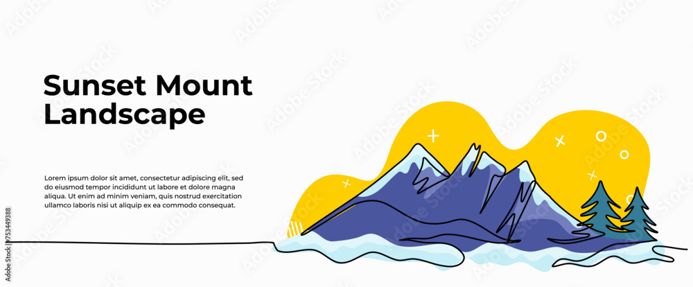 Vector illustration of mountains covered in snow. Modern flat in continuous line style.