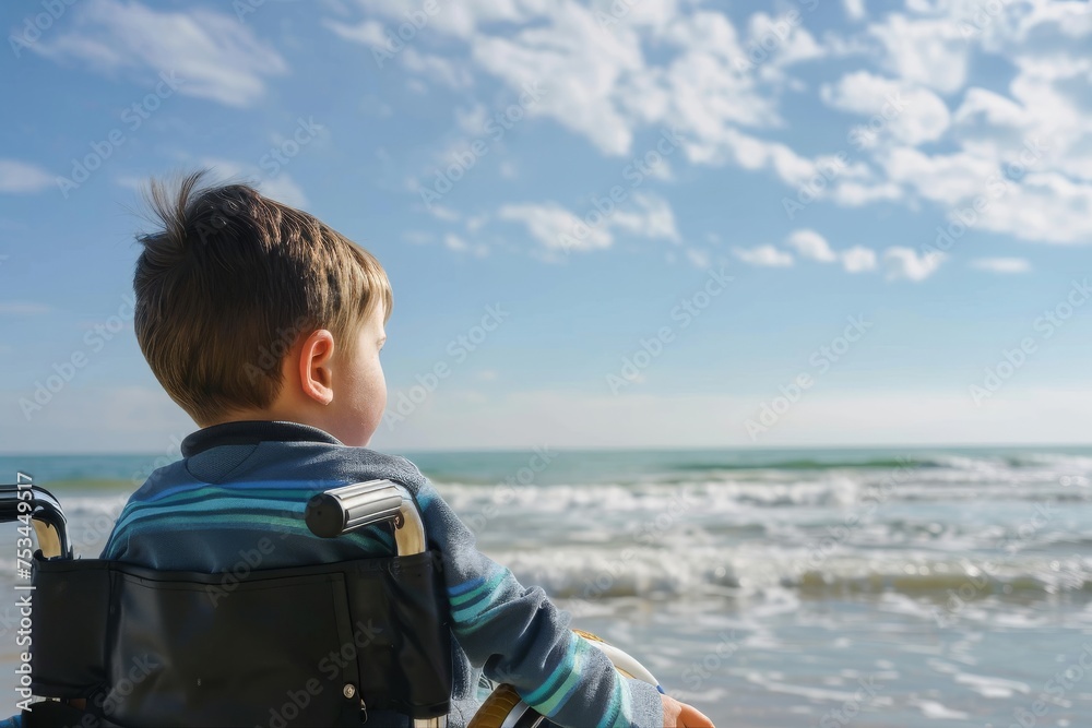Low angle shot of a disabled child looking out at the ocean