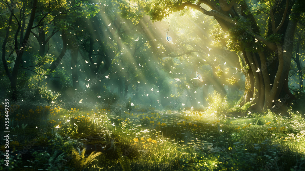 the green forest in the fantasy world, sunlight drops down to the land, glittering, peaceful and wonderful - obrazy, fototapety, plakaty 