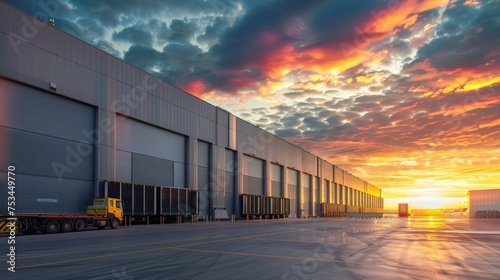 Exterior of modern distribution center warehouse at sunrise