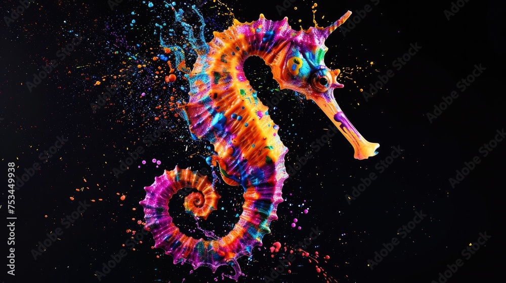Fototapeta Aquatic animals seahorse that swim majestically in oceans and seas. Painted with paint splash technique. Isolated black background. Also for T-shirt printing pattern. Generative AI