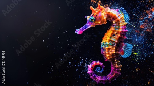 Aquatic animals seahorse that swim majestically in oceans and seas. Painted with paint splash technique. Isolated black background. Also for T-shirt printing pattern. Generative AI