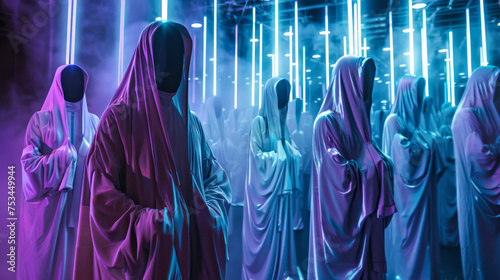 Hackers in pastel neon robes chant incantations their voices coding new realities within the blockchain