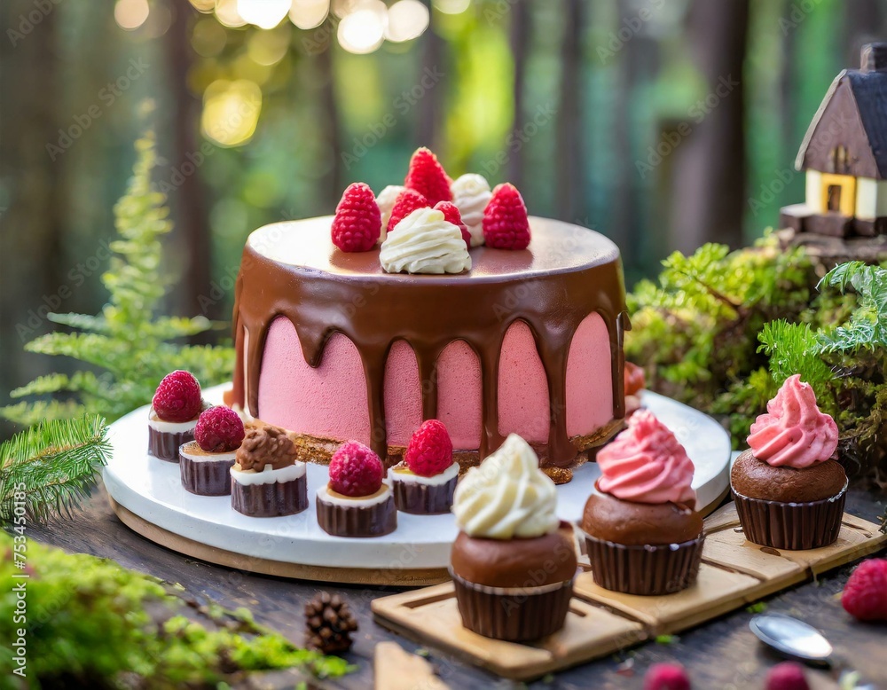 Enchanted Delights: Raspberry Chocolate Mousse Cake House Amidst Miniature Forest of Sweet Treats