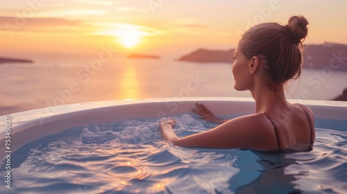 woman swimming in hotel pool watching sunset,beautiful women,Luxury travel 