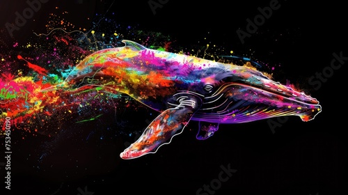 Aquatic animals whale that swim majestically in oceans and seas. Painted with paint splash technique. Isolated black background. Also for T-shirt printing pattern. Generative AI