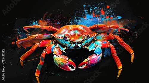Aquatic animals crab that swim majestically in oceans and seas. Painted with paint splash technique. Isolated black background. Also for T-shirt printing pattern. Generative AI © Dvid