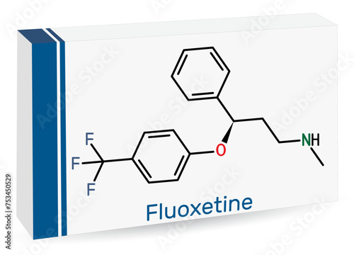 Fluoxetine molecule, is antidepressant of the selective serotonin reuptake inhibitor SSRI. Skeletal chemical formula. Paper packaging for drugs