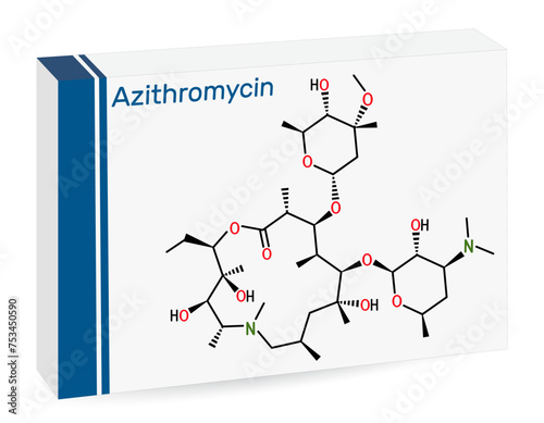 Azithromycin molecule. It is macrolide antibiotic. Skeletal chemical formula. Paper packaging for drugs