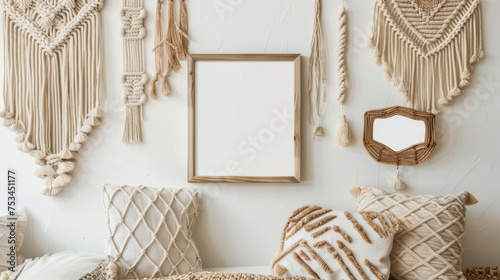 collection of handcrafted macrame wall hangings in various textures and patterns adorns a vibrant blue wall with a wooden frame photo