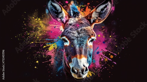 Terrestrial prey, donkey herbivorous animals. They are very cute and lovable. Painted with paint splash technique. Isolated black background. Also for T-shirt printing pattern. Generative AI