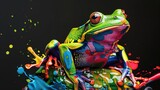 Terrestrial prey, frog herbivorous animals. They are very cute and lovable. Painted with paint splash technique. Isolated black background. Also for T-shirt printing pattern. Generative AI