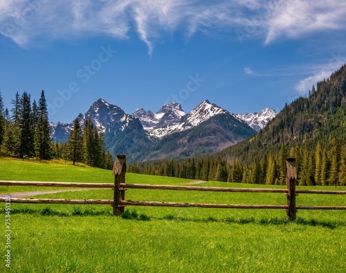 View of the mountains from a deep mountain valley during a spring morning. Bielovodska valley in High Tatras mountains at lovely morning sunrise famous tourist destination in High Tatras,Slovakia