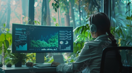 A scientist analyzes data on a computer screen, a graph showing the correlation between deforestation and rising CO₂ levels. Their determined expression conveys the urgency of protecting our forests