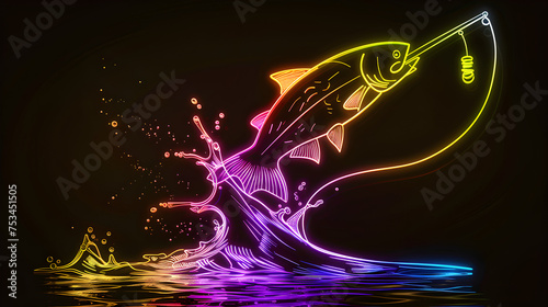 Vibrant neon outline of a fishing rod with jumping fish isolated on black background.