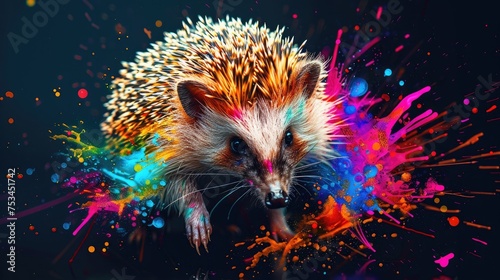 Terrestrial prey, hedgehog herbivorous animals. They are very cute and lovable. Painted with paint splash technique. Isolated black background. Also for T-shirt printing pattern. Generative AI © Dvid