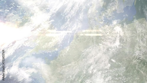 Zoom in from space and focus on Alphen aan den Rijn, Netherlands. 3D Animation. Background for travel intro. Elements of this image furnished by NASA photo