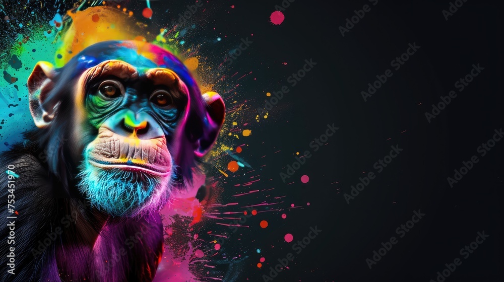 Terrestrial prey, monkey herbivorous animals. They are very cute and lovable. Painted with paint splash technique. Isolated black background. Also for T-shirt printing pattern. Generative AI