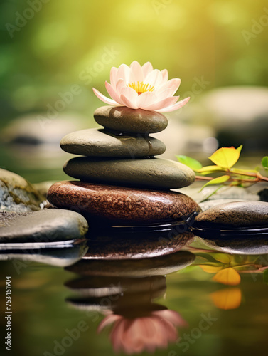 Serene Water Lily and Zen Stones in Tranquil Pond