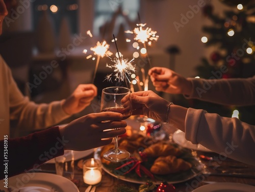 People clinking glasses with a warmly lit background featuring sparklers and a Christmas tree, conveying celebration and holiday spirit.
